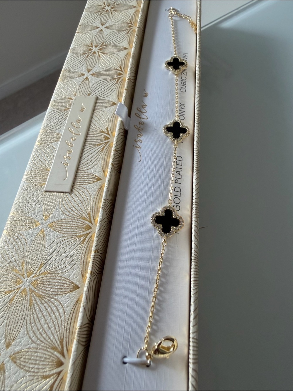 Gold black onyx clover flower cubic zirconia bracelet